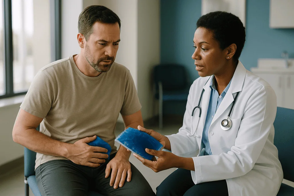 Male patient consulting with female physician in clinic: Epididymitis ice or heat: which one, and when?