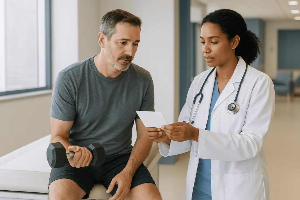 Doctor consulting with patient holding dumbbell in clinical setting: Epigenetic memory: the chemical tags your muscle DNA ca