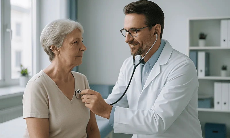 Doctor examining elderly woman with stethoscope in clinic setting.