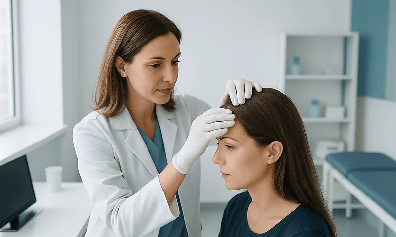 Doctor examining patient's head in a clinical setting.
