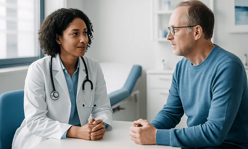 Doctor consulting with patient in a modern medical office.
