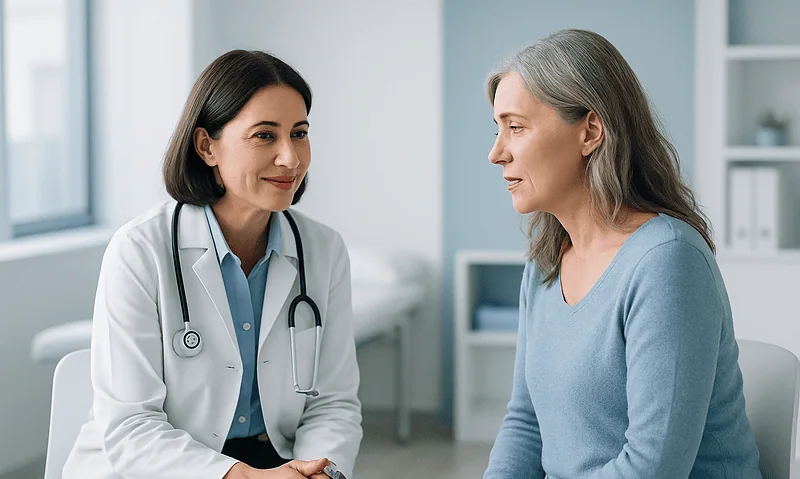 Doctor consulting with an older female patient in a modern clinic.