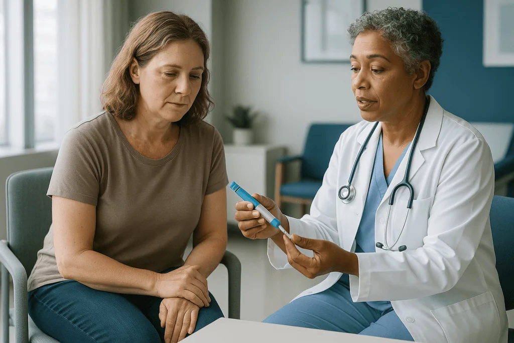Doctor showing medication pen to patient in consultation: Every approved GLP-1 medication in 2026: the full list