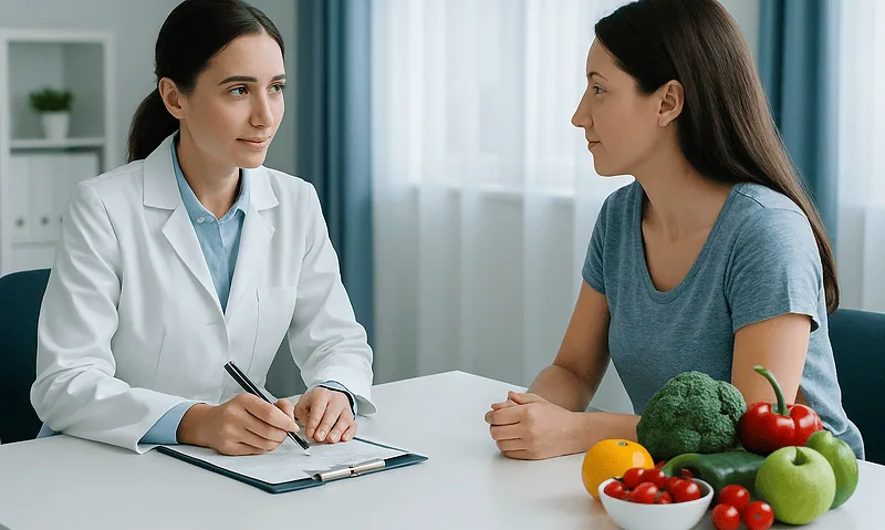 Doctor consulting with patient about eye health and nutrition.