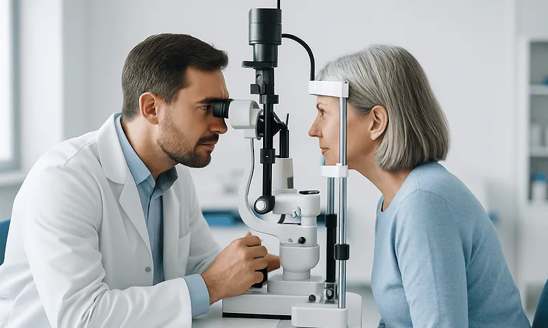 Ophthalmologist examining elderly woman's eyes with slit lamp.