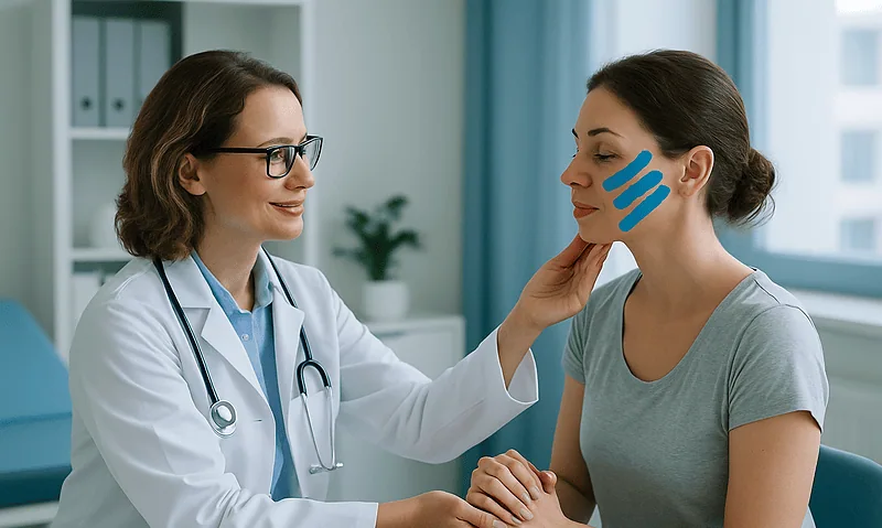 Doctor examining woman's face with blue face tape in clinic setting.