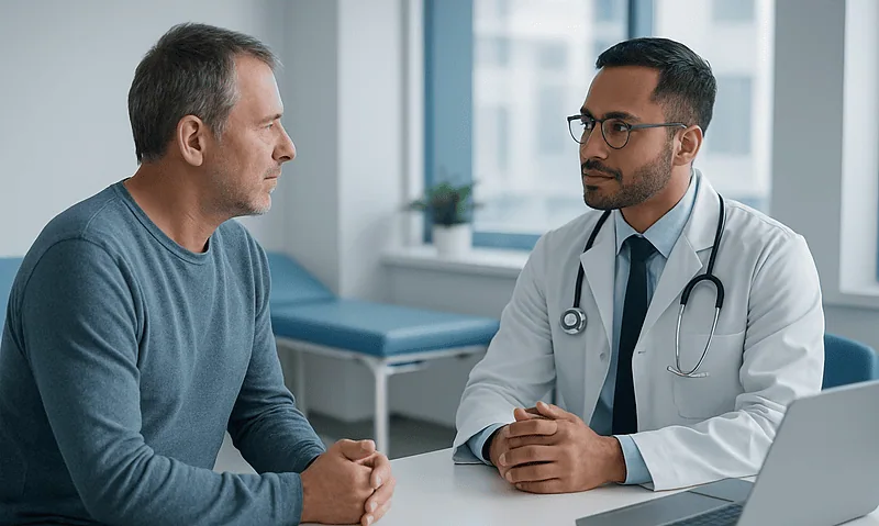 Doctor consulting with a male patient in a modern clinic setting.