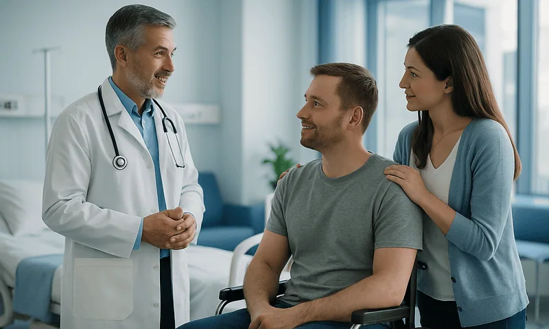 Doctor talking to a patient in a wheelchair with a woman beside him in a hospital room.