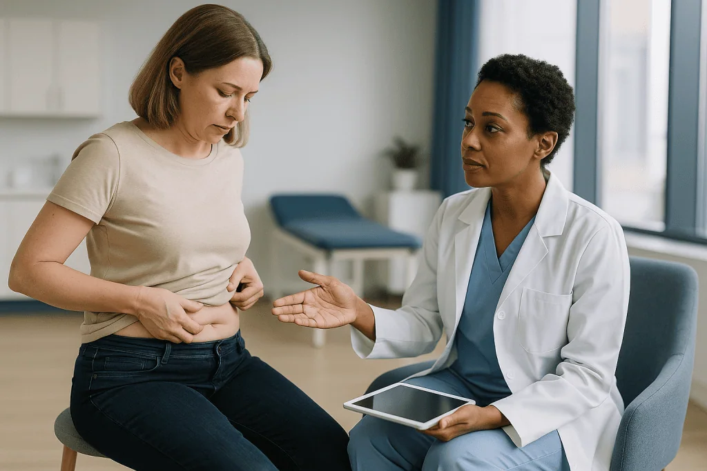 Doctor consulting patient about abdominal area in clinic: Fat removal vs weight loss: the fat you cannot see