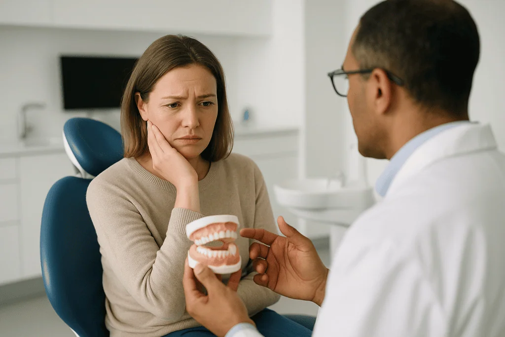 Dentist consulting patient using dental model: Fear of the dentist or dental phobia: where is the line?