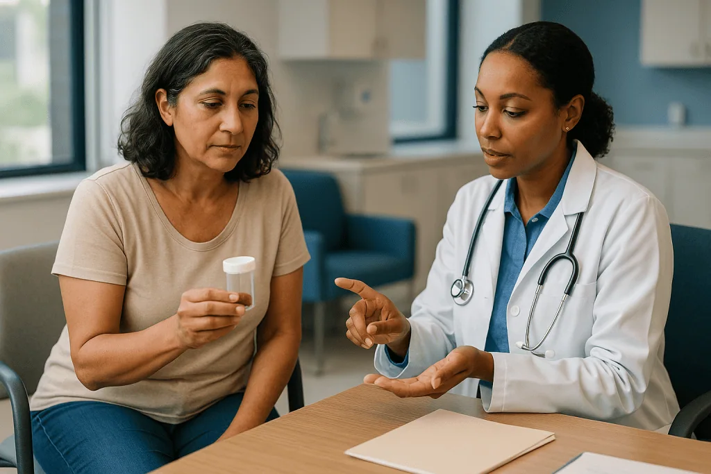 Doctor consulting patient about medication in clinic: Fecal calprotectin normal range: the cutoffs laboratories actually use