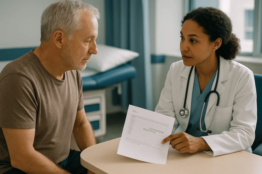 Doctor consulting with male patient, reviewing medical document: Ferritin levels in hemochromatosis: what the numbers mean, 