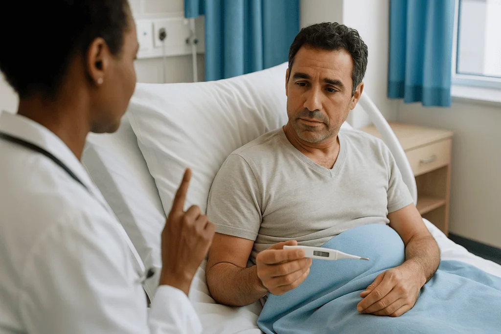 Doctor consulting patient in hospital bed holding thermometer: Fever after appendectomy: how to read the pattern, not just t