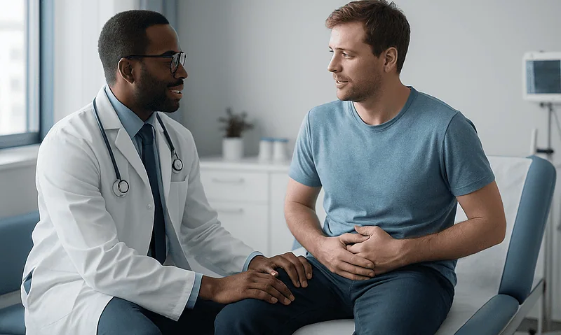 Doctor consulting with patient in a medical office setting.