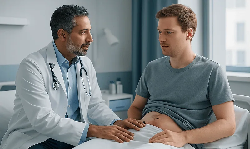 Doctor consulting with patient after appendectomy in hospital room.