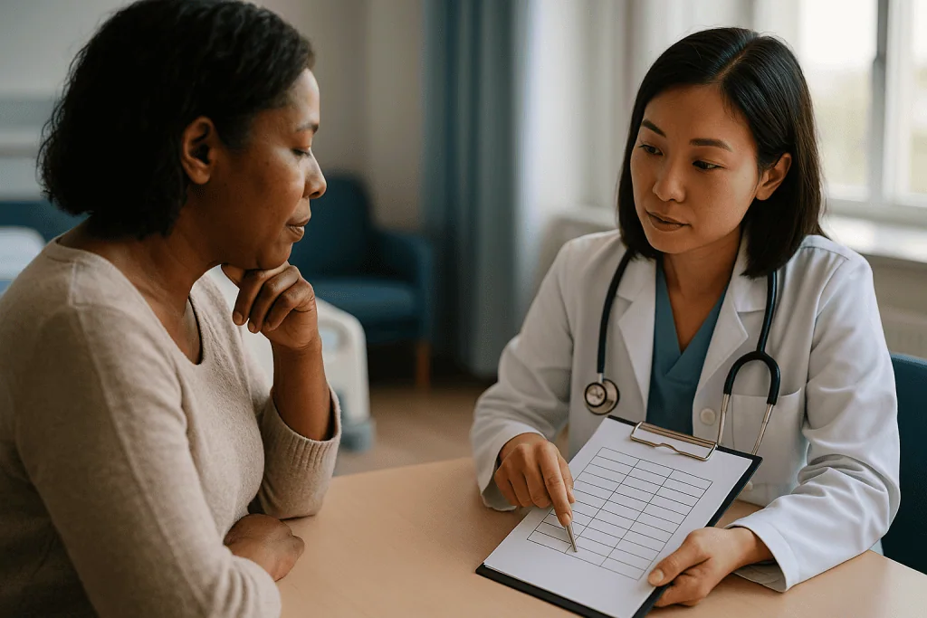 Female doctor consulting patient about medical results: Fibroid treatment results by approach: a comparison table