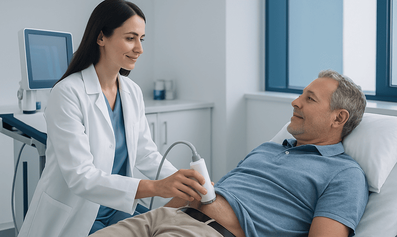 Doctor performing FibroScan on male patient in hospital room.