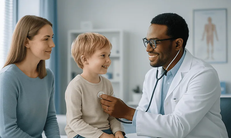 Pediatrician examining a young boy with his mother in a clinic setting.