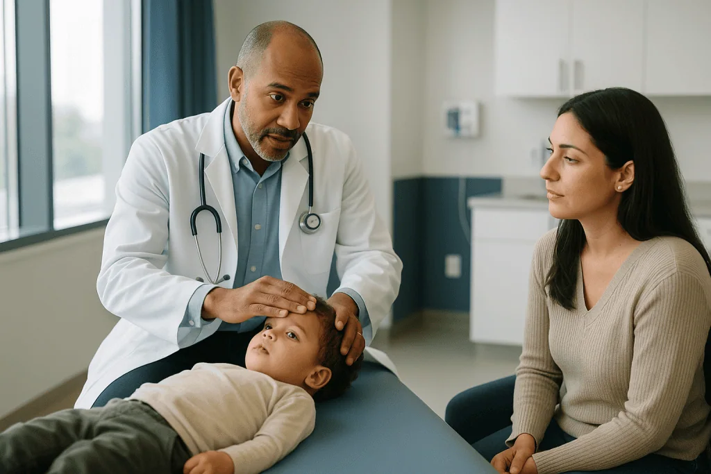 Doctor examining child's head while mother watches nearby: Finding the fever source: why the physical examination comes befo