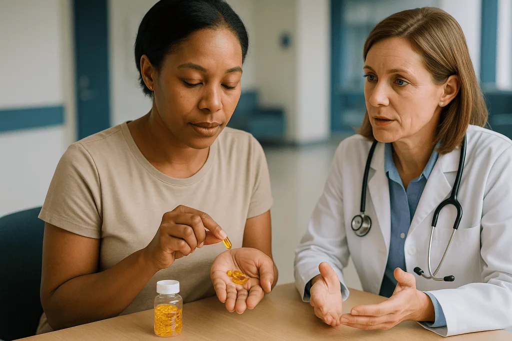 Doctor consulting patient about medication or supplements: Fish oil and omega-3 supplements: what the evidence actually show