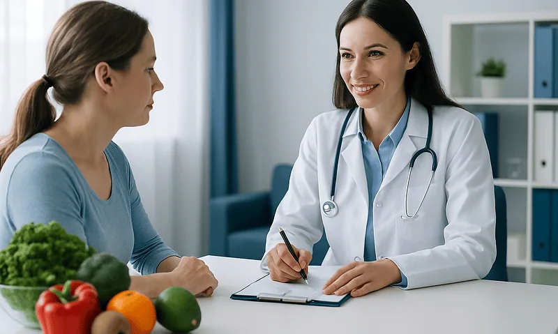 Doctor consulting with a patient about health at clinic.