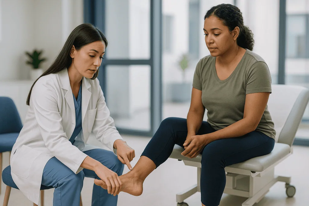 Doctor examining patient's foot and ankle: Flexible, rigid or collapsing: three kinds of flat foot compared