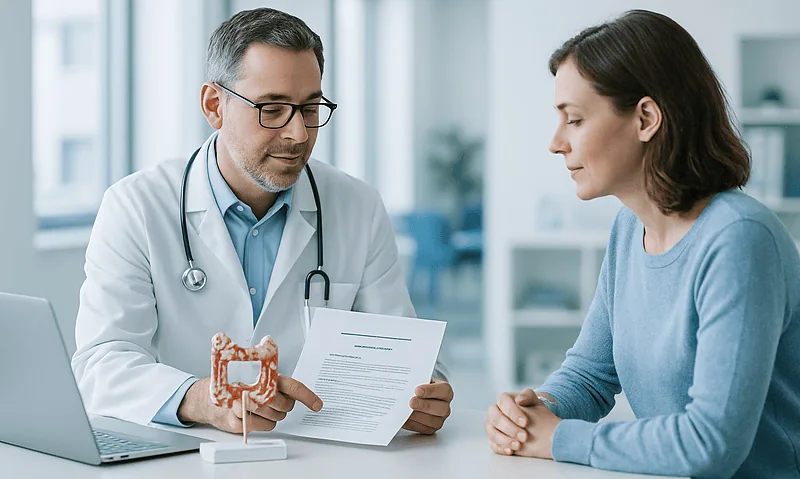 Doctor consulting with a patient about digestive health in a clinic setting.