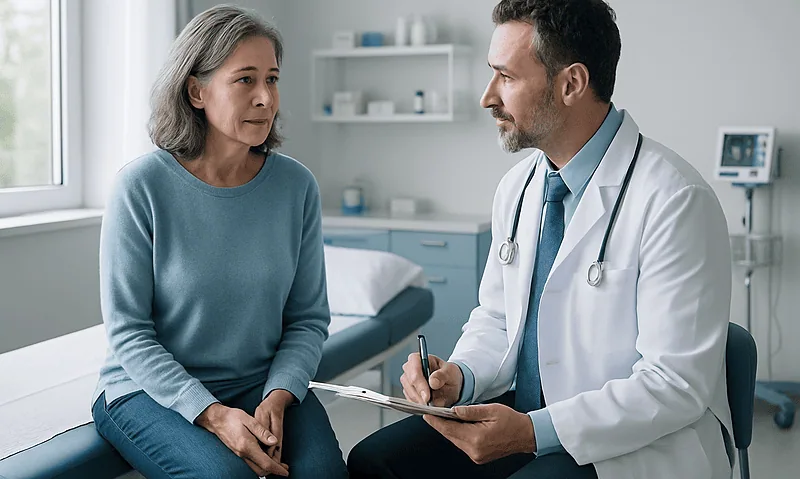 Doctor consulting with an elderly woman in a medical office setting.