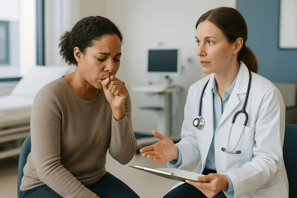 Doctor consulting patient about respiratory illness symptoms: Flu vs COVID vs RSV: three viruses, one overlapping set of sym