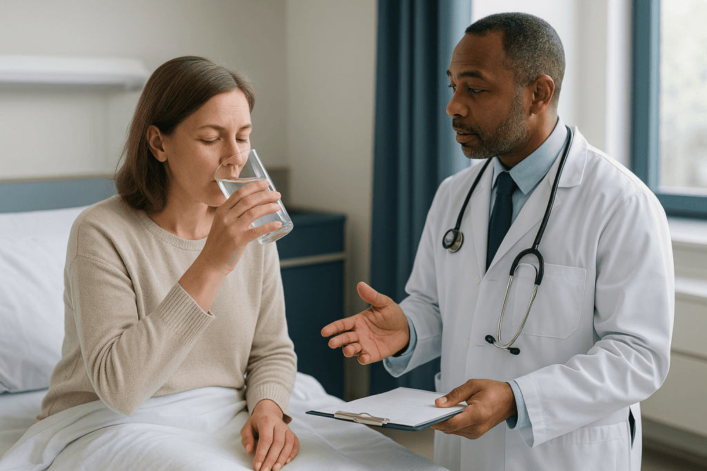 Doctor consulting patient in hospital room, patient drinking water: Fluids first: how much to drink and how to tell you are 