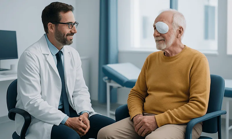 Doctor consulting elderly patient with eye patch in hospital room.