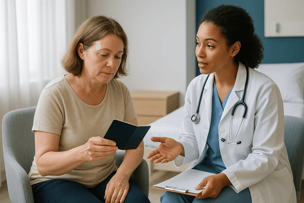 Doctor consulting patient with tablet in clinical office: Flying after Mohs surgery: what the evidence does and does not say