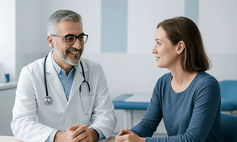 Doctor consulting with a female patient in a medical office.