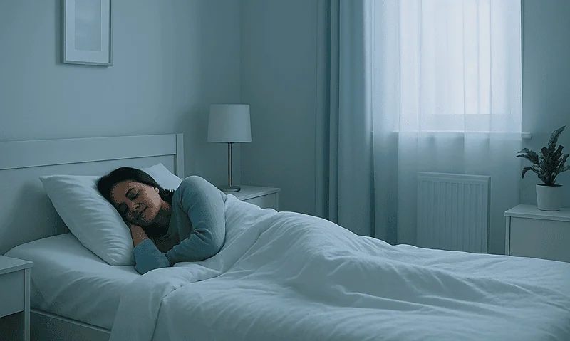 Woman sleeping peacefully in a bright, modern bedroom with blue walls.