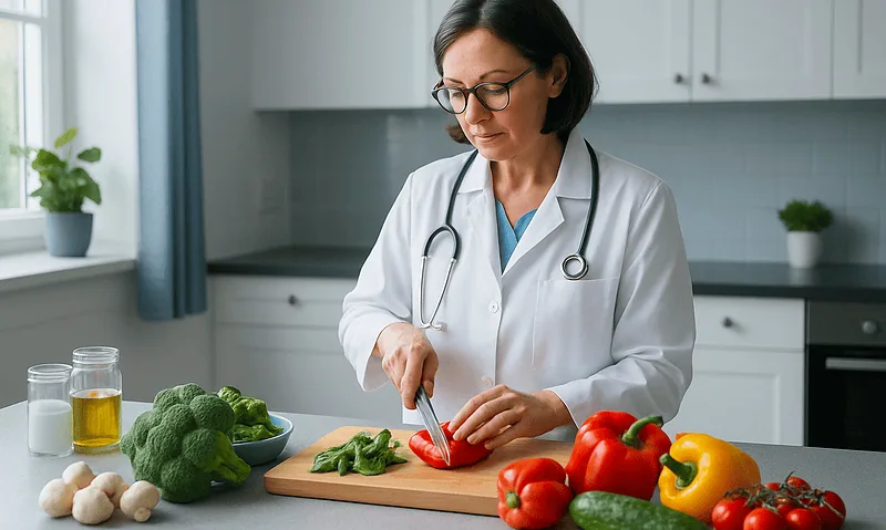 Female doctor preparing vegetables in a modern kitchen for a healthy diet.