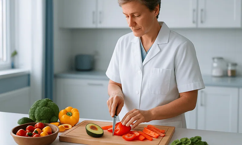 Woman preparing healthy vegetables in a modern kitchen for energy-boosting snacks.
