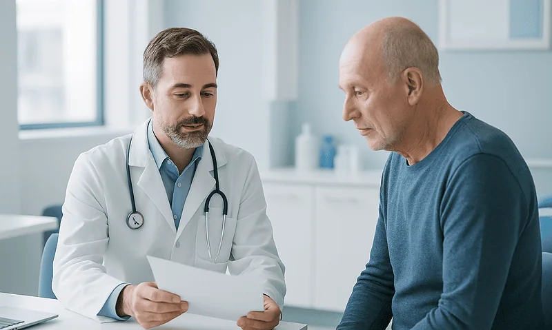 Doctor consulting with a patient about foot health and wound care.