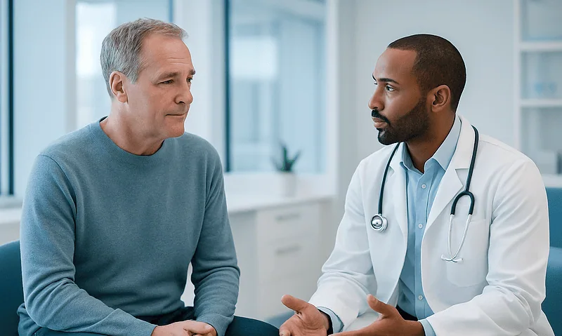 Doctor consulting with middle-aged male patient in a modern clinic.