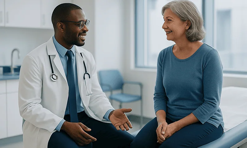 Doctor consulting with an older female patient in a medical office.