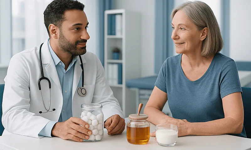 Doctor consulting with an older woman in a medical office setting.