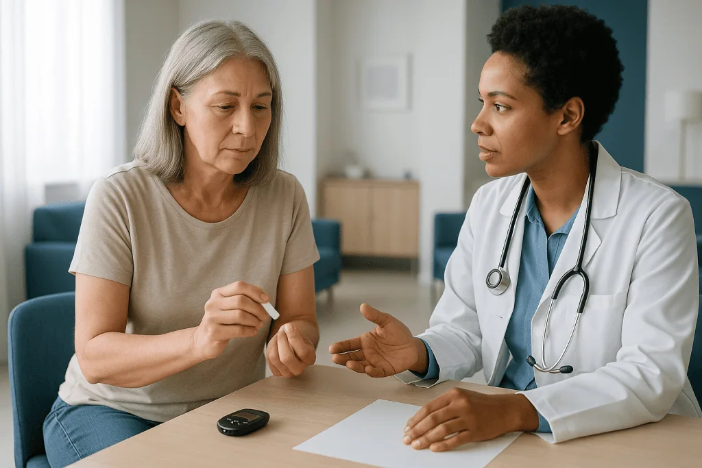 Doctor consulting with mature woman about medical results: FSH levels, menopause and why one number misleads