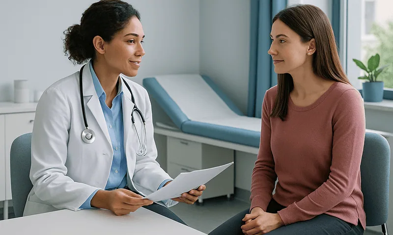 Doctor consulting with a patient in a medical office at Acibadem Hospitals.