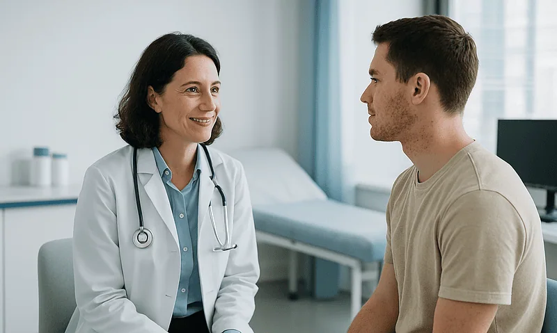 Doctor consulting with a young male patient in a medical clinic.