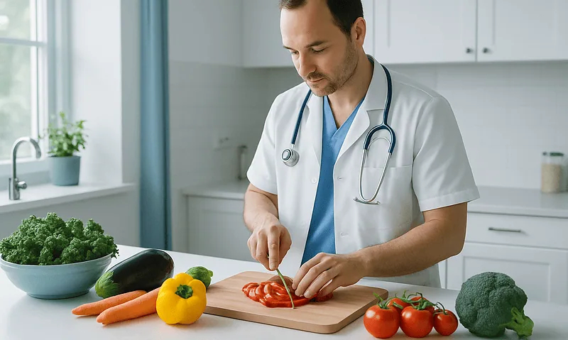 Doctor preparing fresh vegetables in a modern kitchen for a healthy diet.