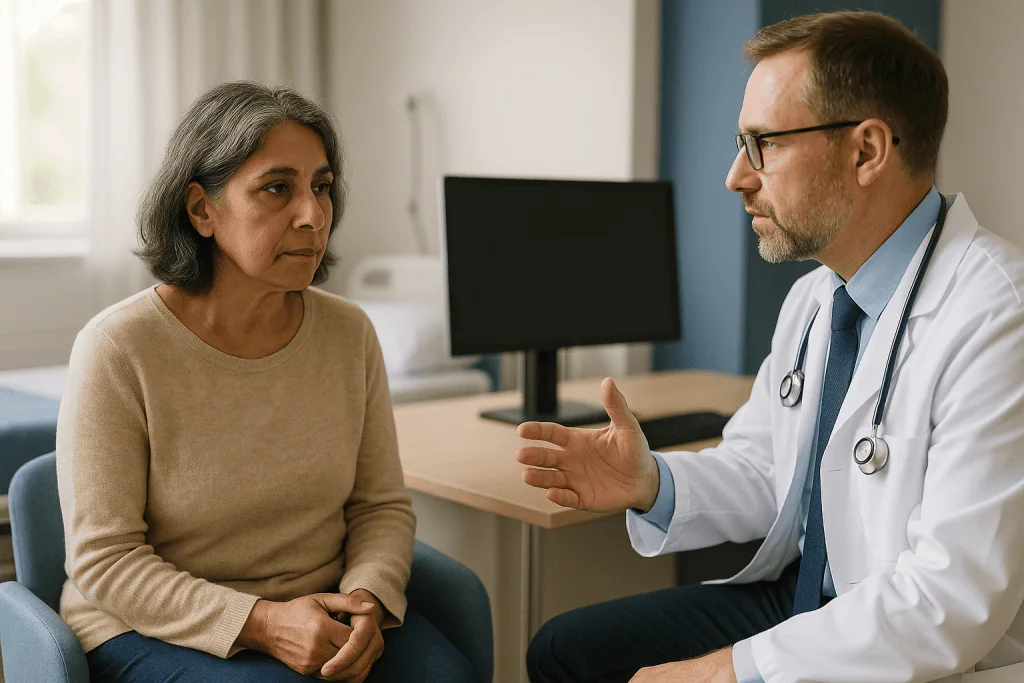Doctor consulting patient in office setting: Gamma knife results: how long before anything changes?