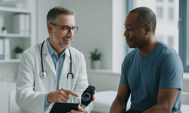 Doctor discussing health data with patient using a digital device.