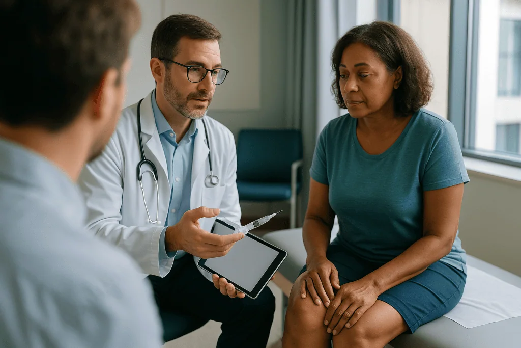 Doctor consulting with patient using digital tablet: Gel injections for knee pain: what hyaluronic acid does