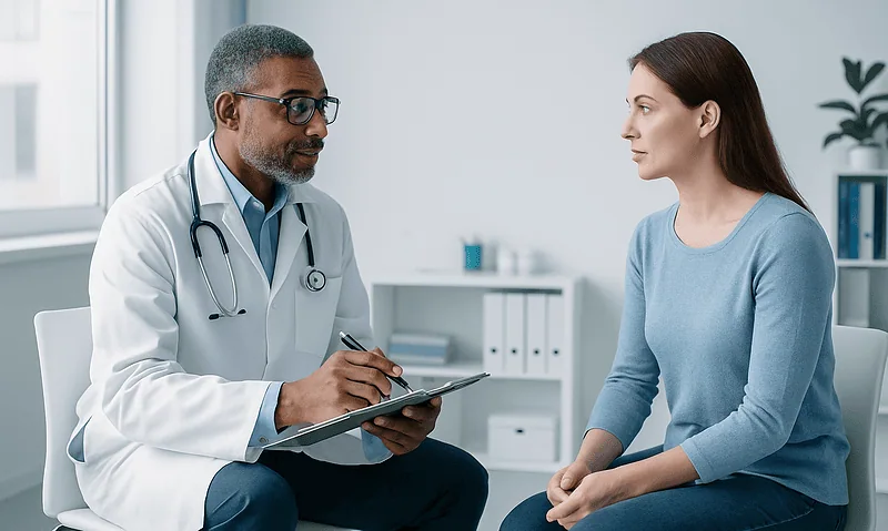 Doctor consulting with a female patient in a modern clinic setting.