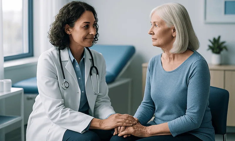 Doctor consulting with an elderly woman in a medical office.