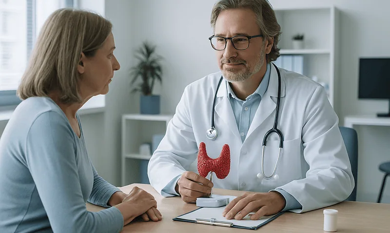 Doctor explaining thyroid gland to a patient in a medical consultation.